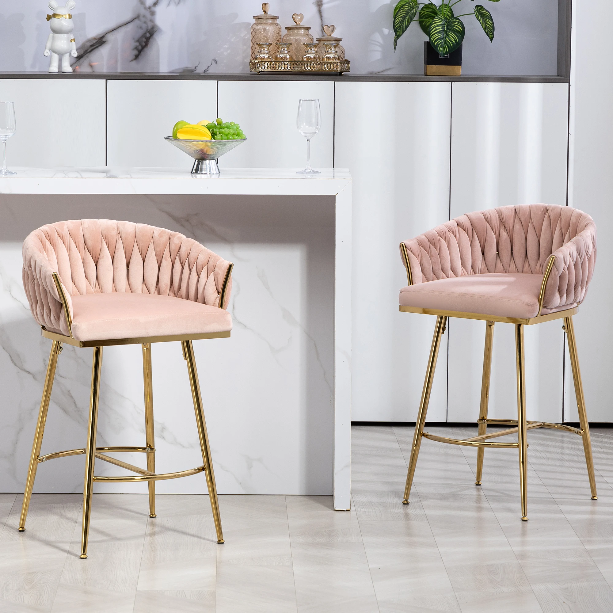 26'' Counter height bar stools Set of 2,velvet kitchen island counter bar stool with hand- wave back，Pink