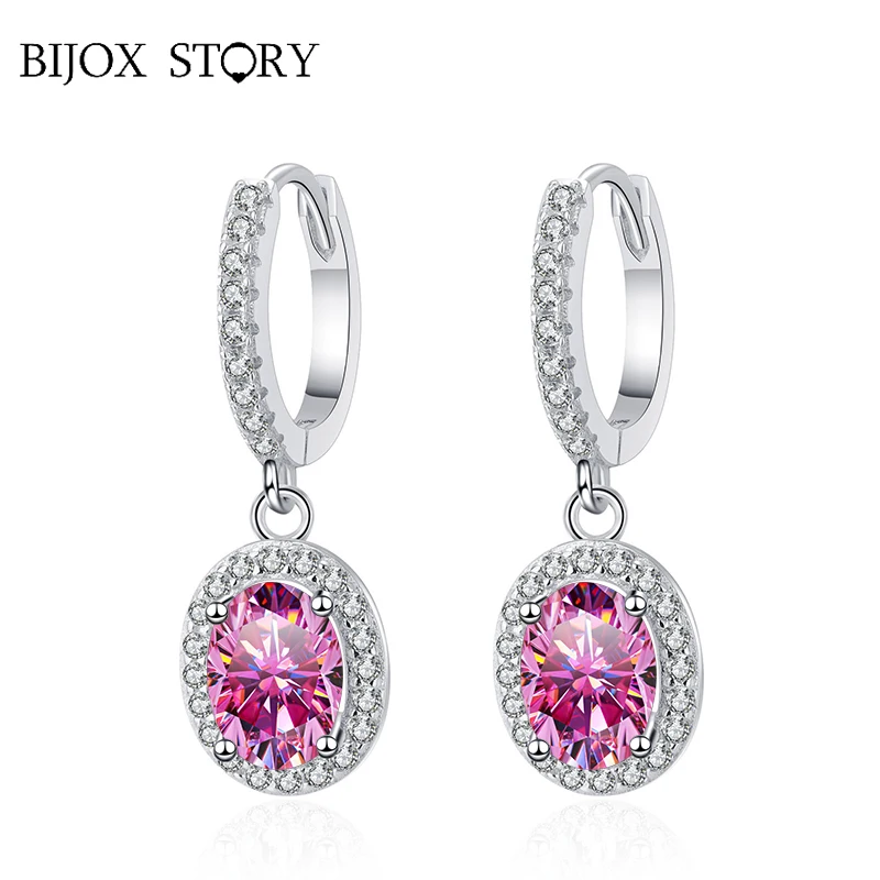 

BIJOX STORY S925 Sterling Silver 1 Carat Moissanite Earrings for Women Simple Style Oval Shape Fine Jewelry Engagement Earrings