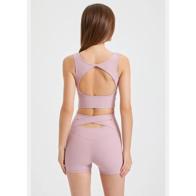 Fitness Suit Women High Waist Cross Sports Shorts Running Quick Dry Fixed Chest Pads Back Water Drops Hollow Bra 2 Pcs Yoga Set yoga set,sports set,gym workout set,sportswear set,fitness set,sports bra set,yoga pants set,sports set shorts