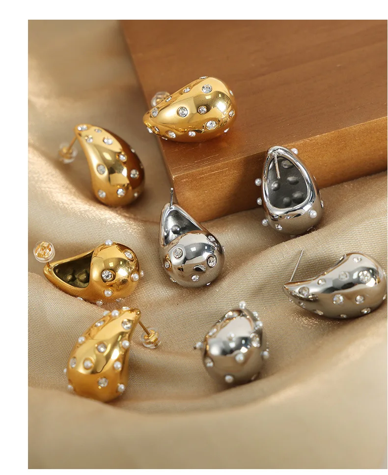 Wassertropfen-Ohrringe für Damen, luxuriös, Edelstahl, vergoldet, Zirkon-Ohrringe, Zubehör, wasserdichter Schmuck – Detail 8