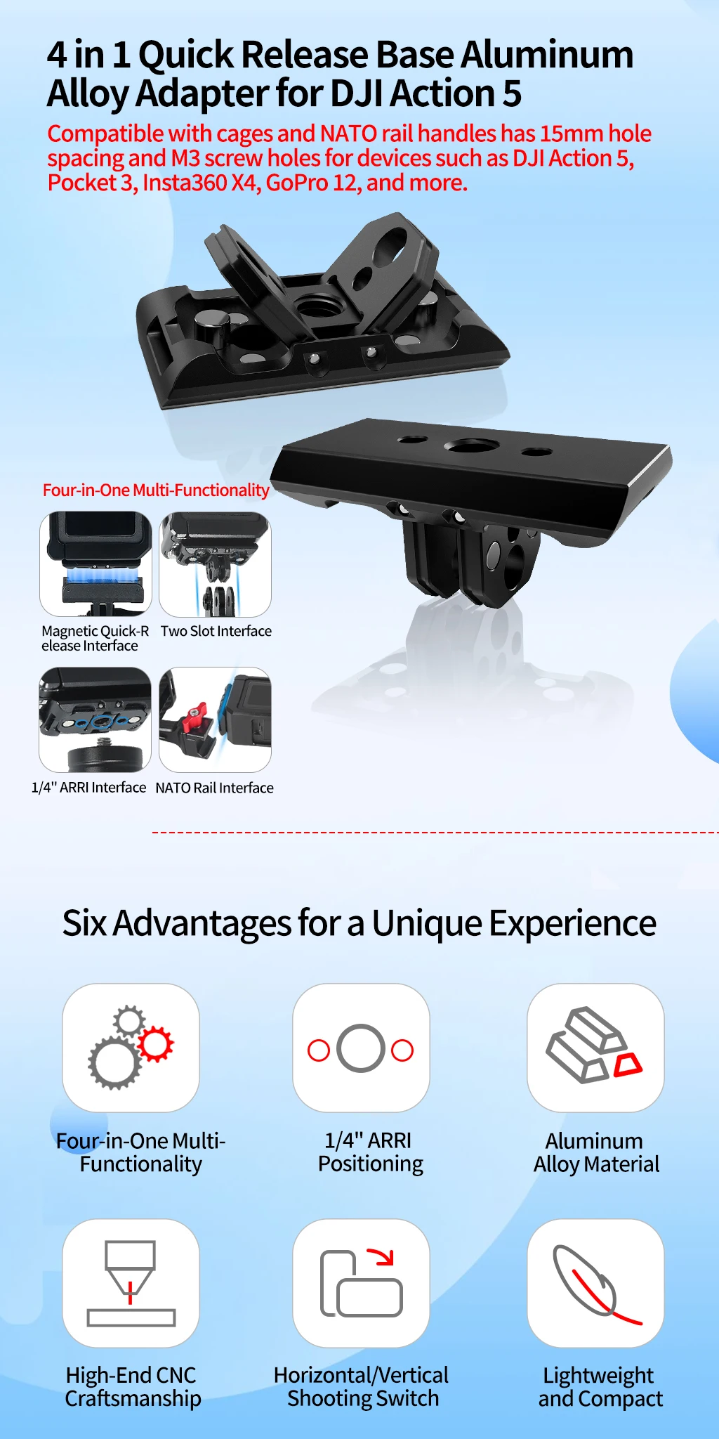 4-in-1-Aluminium-Adapter, 1/4 Zoll M3-Montageloch für DJI OSMO 360 Action 4 5 GoPro 13 NATO Slider, magnetische Schnellverschluss-Stativbasis – Detail 1