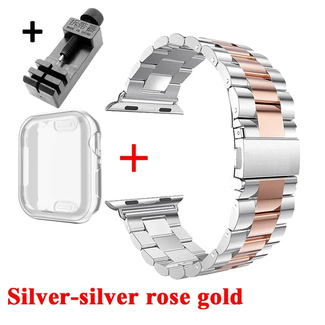 Watch Case+Strap For iWatch Band 38mm 42mm Steel Metal Bracelet For Apple Watch 7 44mm 40mm SE Series 6 5 4 Cover Band 45mm 41mm Silversilverrosegold