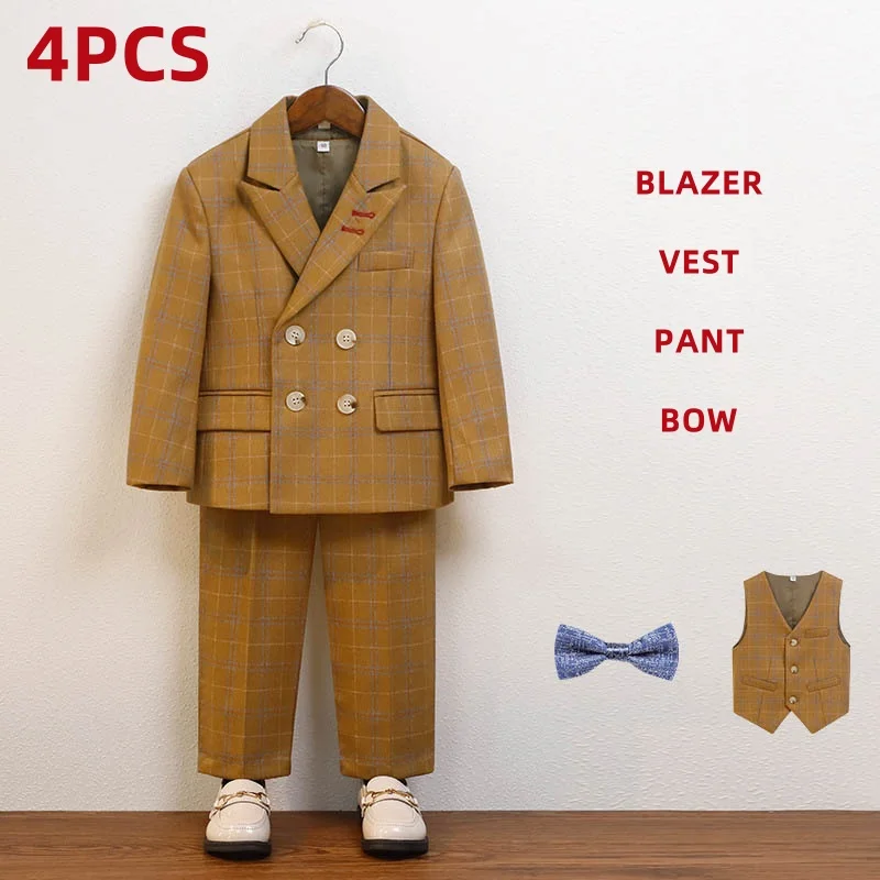 Herbst 1-10Y Jungen Karierten Anzug Lose Blazer Weste Hose Kinder Jungen Anzüge Outfits Set Britischen Gentleman der Fotografie Anzug für Jungen – Detail 7