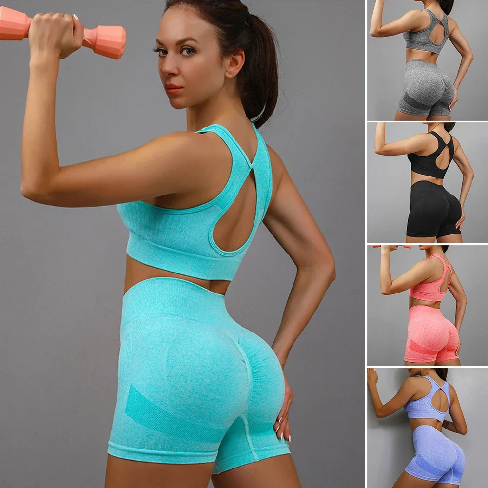 2Pcs/set Yoga Sets Naked Feel Gym Set Women Workout Clothes High Waist Yoga Shorts and Strappy Sports Bra Short Sets Summer