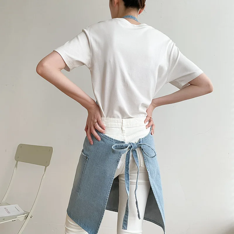 블랙 블루 데님 간단한 앞치마 유니폼 남여 청바지 앞치마 남자 레이디 요리사 주방 요리 앞치마 뷰티 네일 카페 유니폼