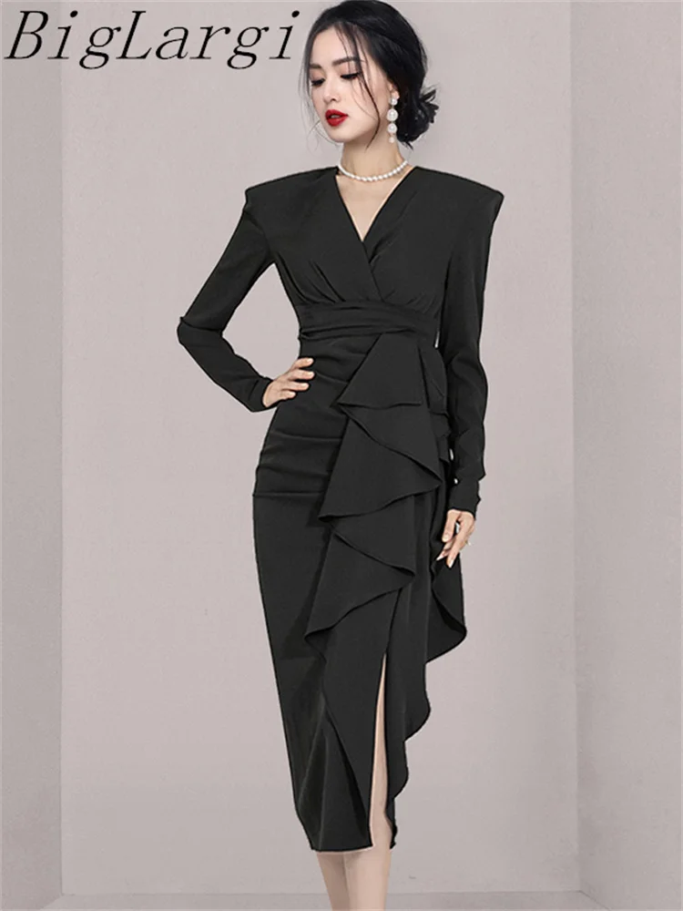 

Женское платье с оборками на подоле, элегантное приталенное платье с V-образным вырезом и длинным рукавом, весеннее платье в Корейском стиле