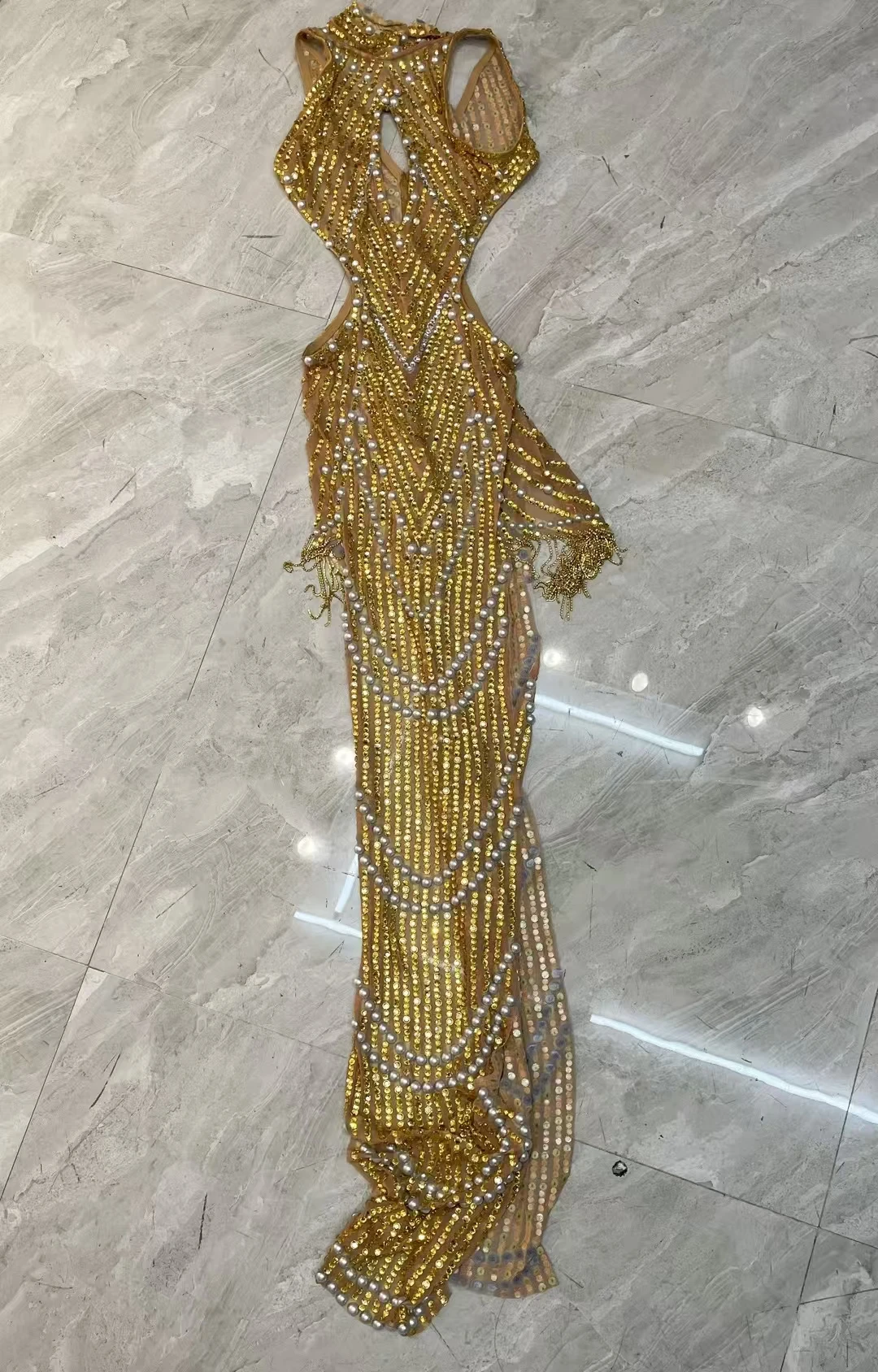 Noble Gold Rhinestone Diamond Chain Long Dress Nightclub Sexy Hollow Dress  Elegant Women Birthday Banquet Evening Dress Jinhuang - AliExpress 200000345