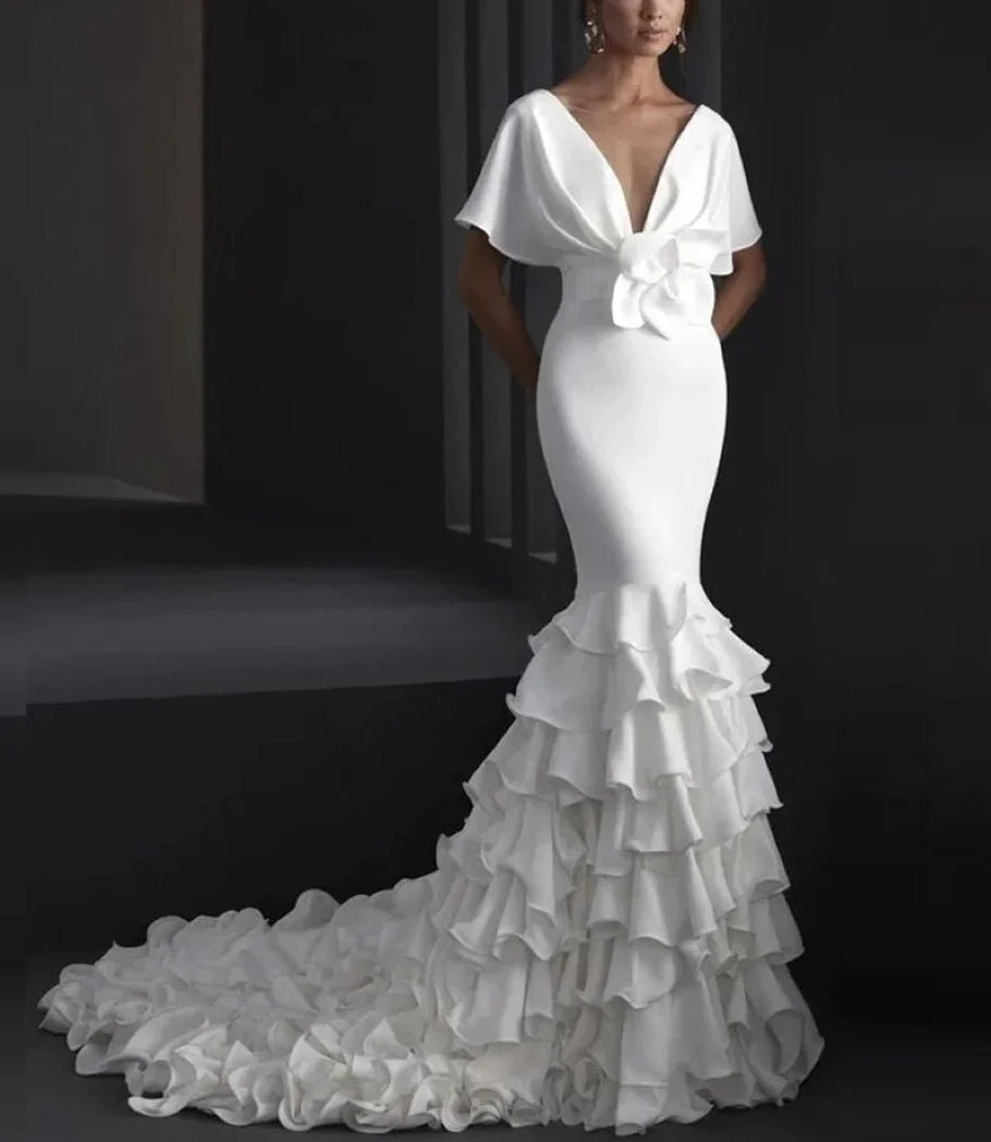 

KOYOUN Deep V Neck Simple Wedding Dresses with Short Sleeves Bride Gowns Tiered Mermaid Bride vestidos de novia 2024