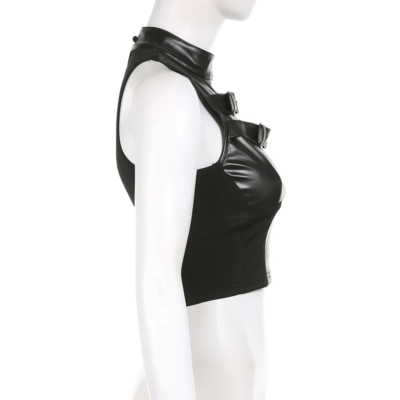 Camiseta sin mangas estilo punk para mujer, de cuero, con hebilla, sin mangas, con cremallera y retazos, estilo hip hop