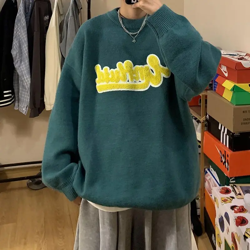 

Trendy Korean men and women's round neck lazy sweater autumn and winter vintage couple personality hip-hop knit pullover top