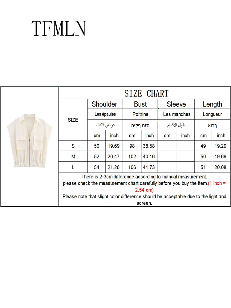 TFMLN Summer Chic Casual Women Solid Zipper Tops 2025 New Lapel Pockets Sleeveless Short Vest Fashion High Street Cropped Tops