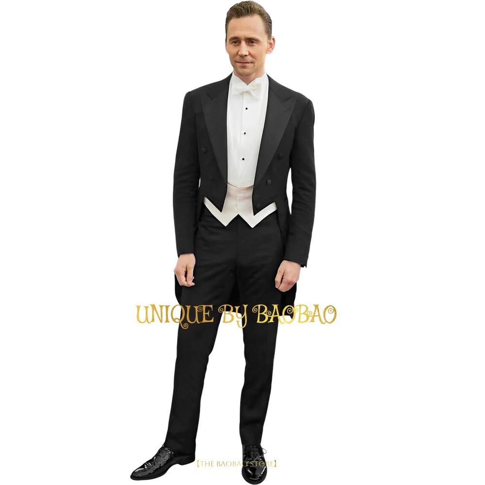 Men's black tailcoat 3-piece set (jacket+vest+pants) wedding banquet hosting performance conductor choir cocktail custom attire 2