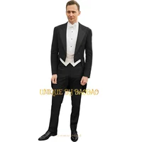 Men's black tailcoat 3-piece set (jacket+vest+pants) wedding banquet hosting performance conductor choir cocktail custom attire 2