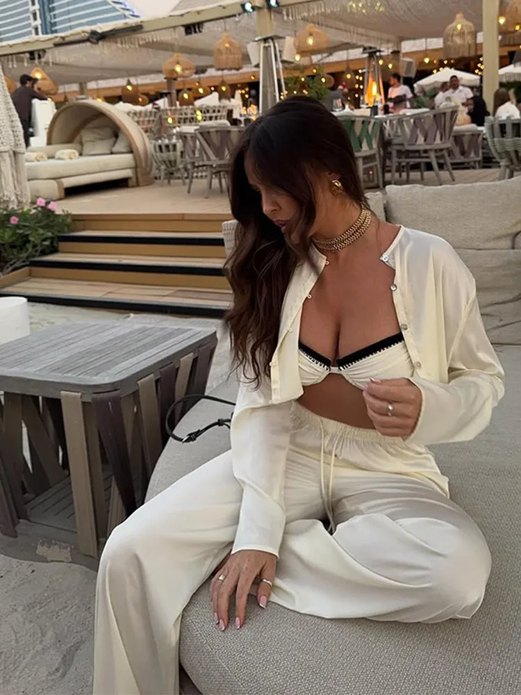 Casual Solid Women's Single Breasted O-neck Tops Sets Chic Satin Lace Up Elastic Waist Wide Leg Pants Suit Lady Vacation Outfits 2