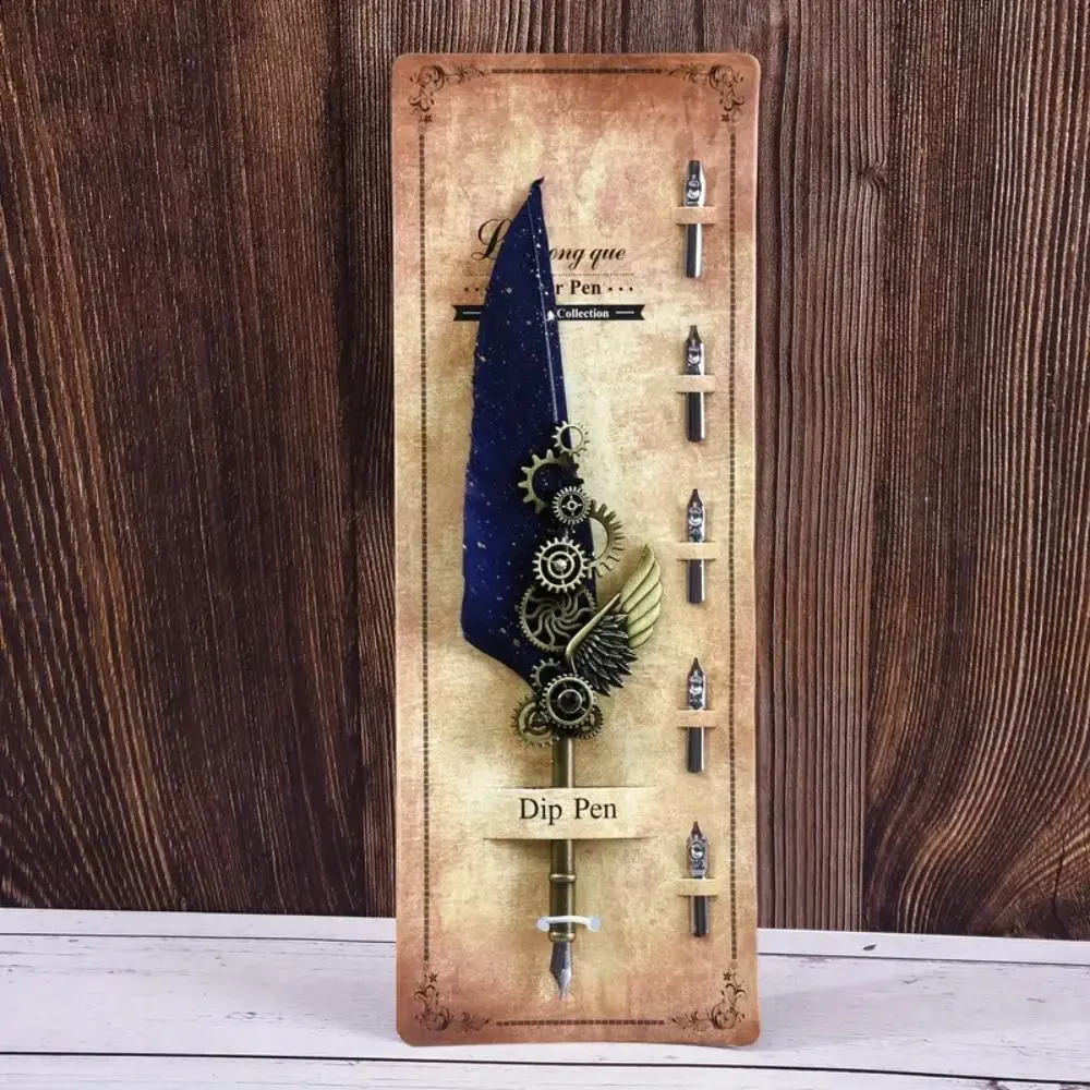 레트로 펑크 딥펜, 교체 가능한 5개의 펜촉, 유럽 스타일 금속 시그니처 펜, 만년필, 빈티지 럭셔리 깃털펜