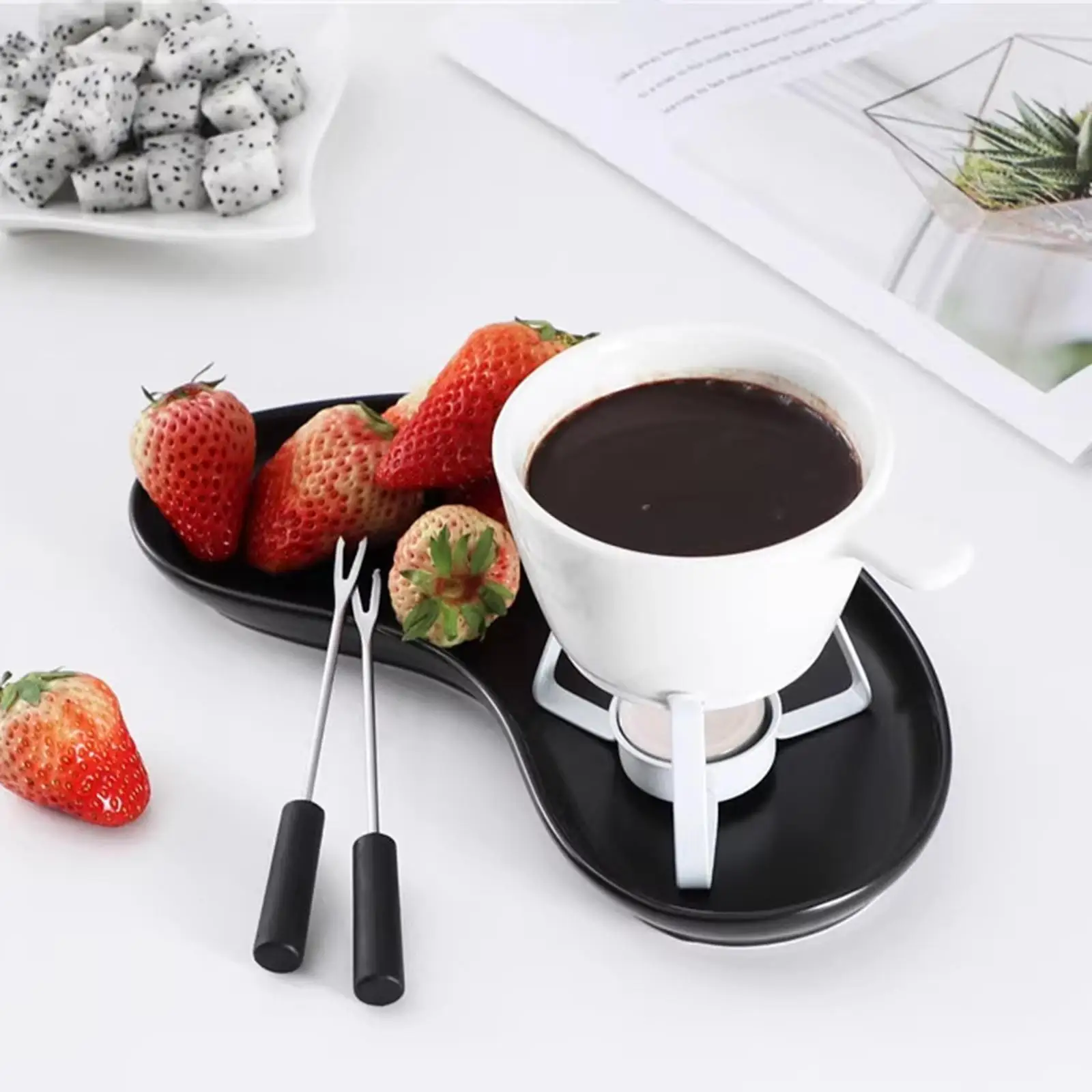Chocolate Fondue Pot Ceramic Hot Pot Tea Light Butter Heater Melting Dining Cookware for Date Night Wedding Valentines Day