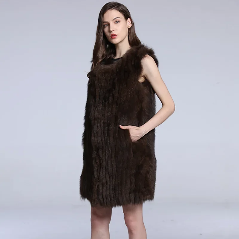 Deep Coffee Fur Vest Coat Women's Long Thickened Autumn and Winter Fox Hair Vest Canvas Shoulder Down Cotton