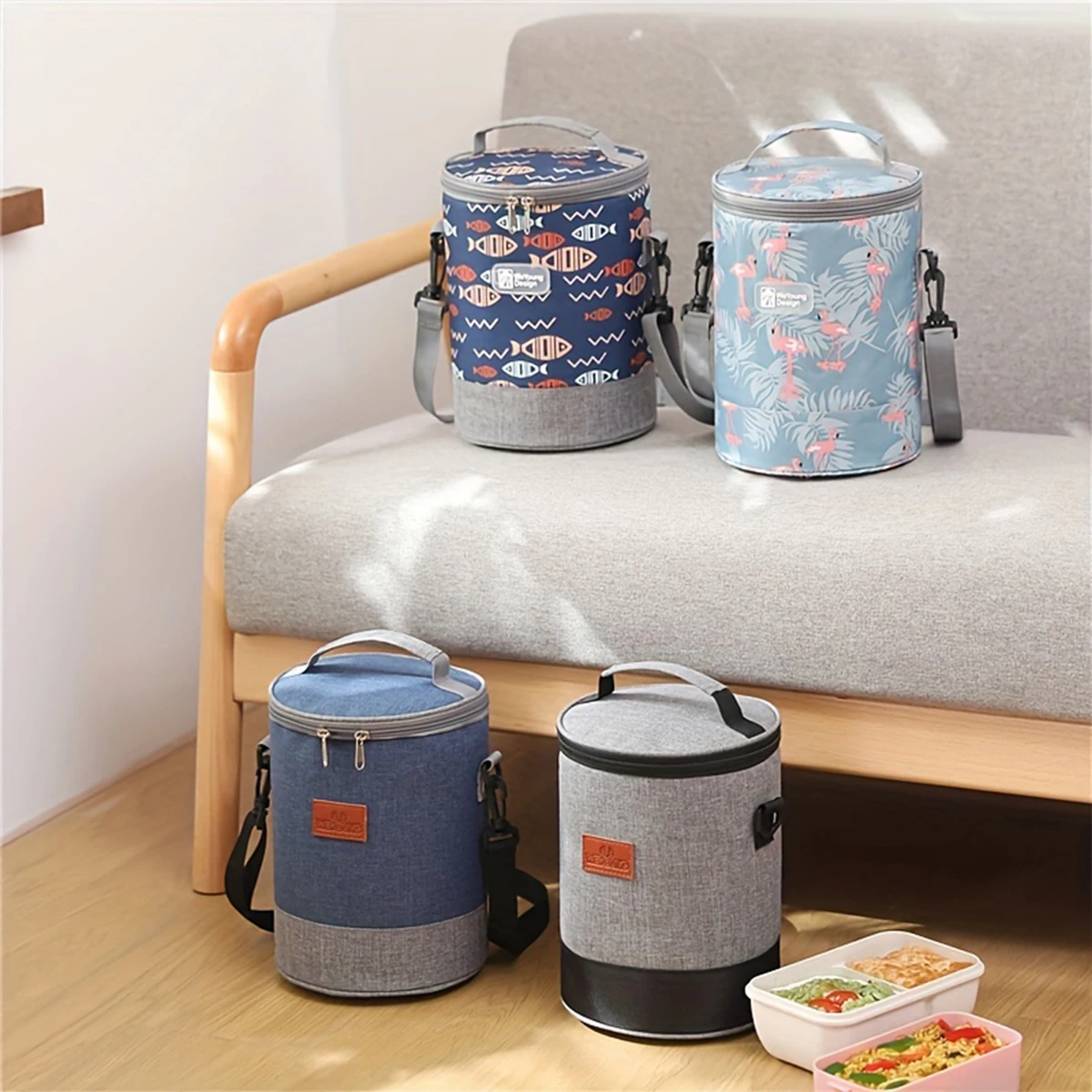 Round Thermal Bag Aluminium Foil Lunch Box Bag Cylinder Bento Shoulder Waterproof Large Capacity Lunch with Suitab