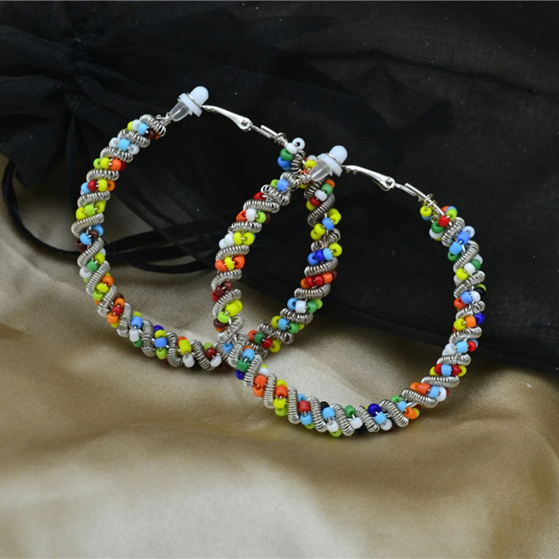 Ladies Earring Big Circle Colorful Beaded Round Clip On Ear Without Piercing Non Pierced Girl Fashion Jewelry Earrings for Women