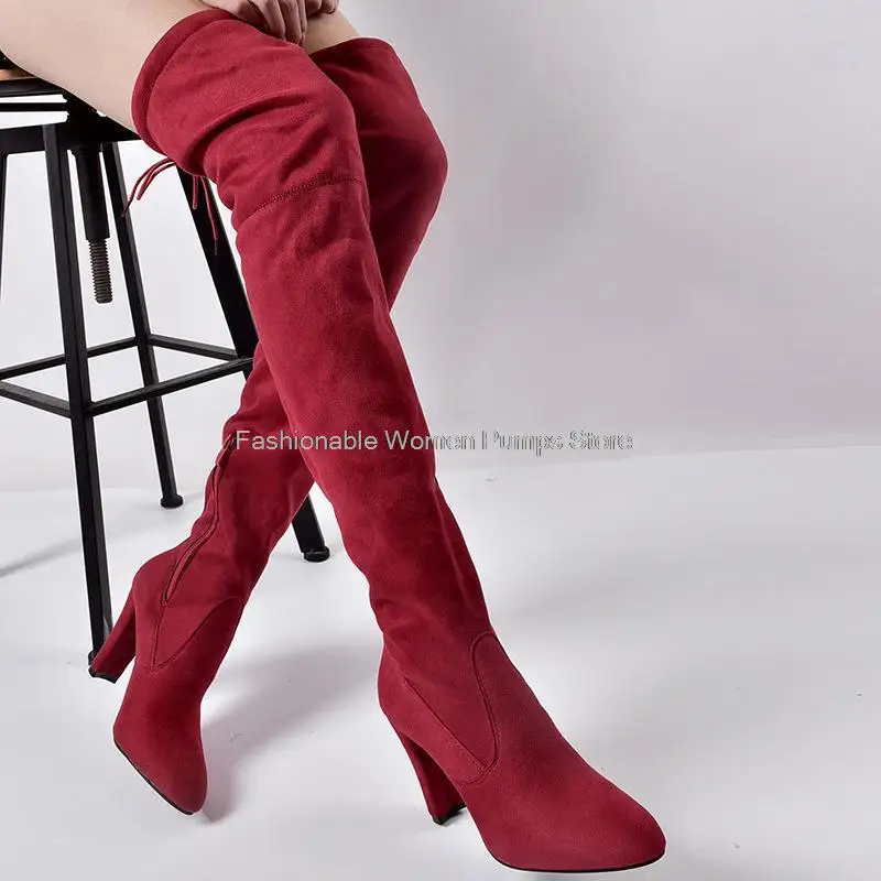 Sexy Women Over The Knee Boots Block High Heels Women's Long Boots Plus Size 43 Stretch Autumn Shoes Female Thigh High New