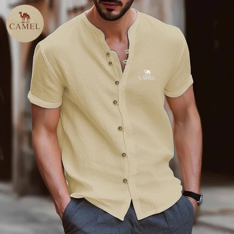 Embroidered CAMEL high-quality men's spring/summer short sleeved cotton linen shirt, business casual loose fitting T-shirt top