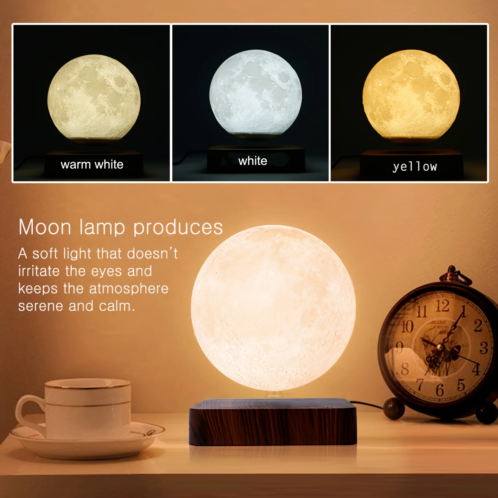 Levitating Moon Magnetic Floating Night Light, Creative Table 3D Printed LED Lamp with Wooden Base for Gift Office Bedroom Home 2