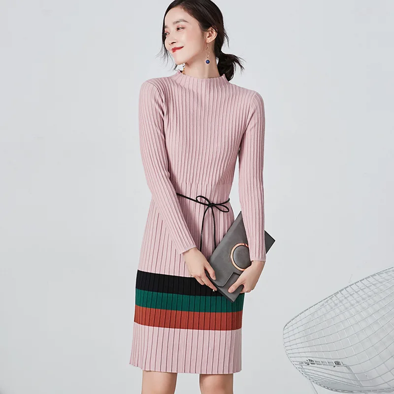

2023 Autumn Women Dresses Elegant Fashion Designer Knitting Clothes With Full Sleeve Turtlenect Jersey To Knee European Style