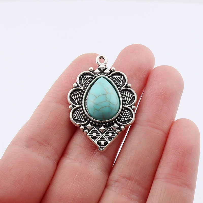 

4 x Boho Water Drop Shape Imitation Turquoises Stone Tibetan Silver Charms Pendants For Necklace Earring Accessories 34x31mm