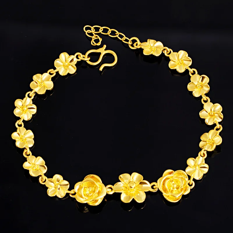 

Real 24K Gold Color Golden Flower Bracelet for Women Chain Pure 999 Golden Plated Bracelet Bangle Jewelry Wedding Christmas Gift