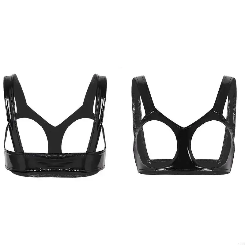 N5KB Glossy Open Cup Bras Pu Leather Bra Tops Hollow Out Breast Female Underwear