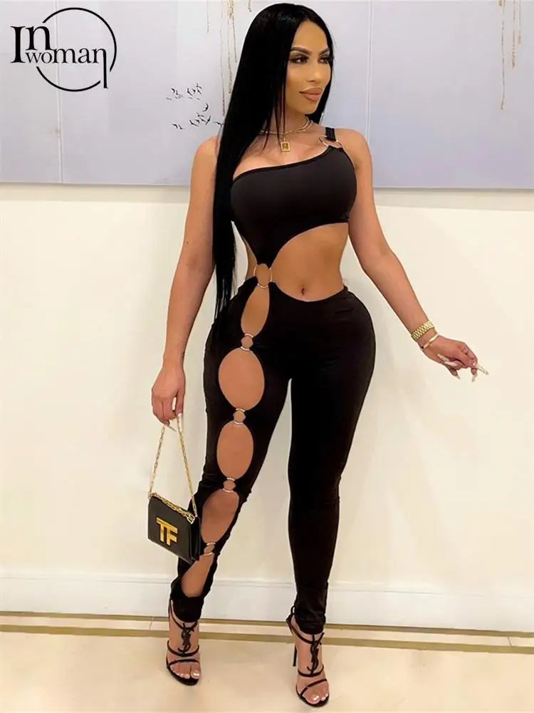 

Inwoman Summer Sexy All White Party Jumpsuit Outfits For Women 2023 Black Hollow Out Bodycon Romper Off The Shoulder Bodysuit
