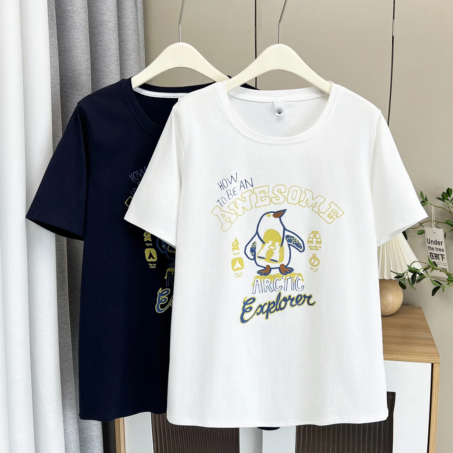100kg Summer Top New Stylish And Youthful Penguin Short Sleeve Plus Size Women's Casual round-neck T-shirt 6245