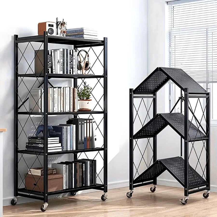 Storage Rack 3/4/5-Tier Heavy-Duty Iron Storage Shelf with Rolling Shelves Foldable & Portable