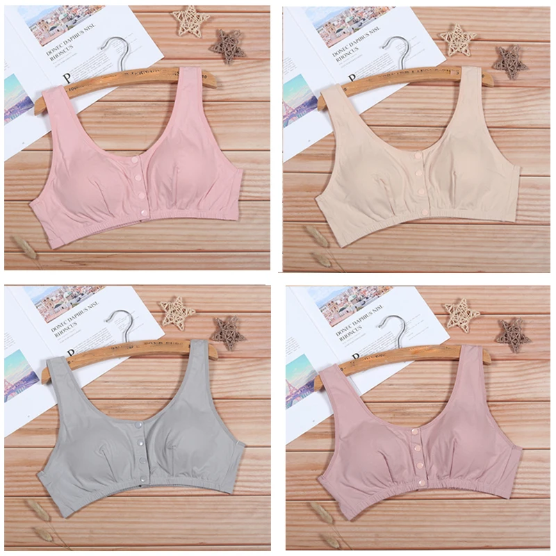 Solid Cotton Bras Front Closure Wire Free Grandma Padded Underwear Women  Female Intimates Lingerie