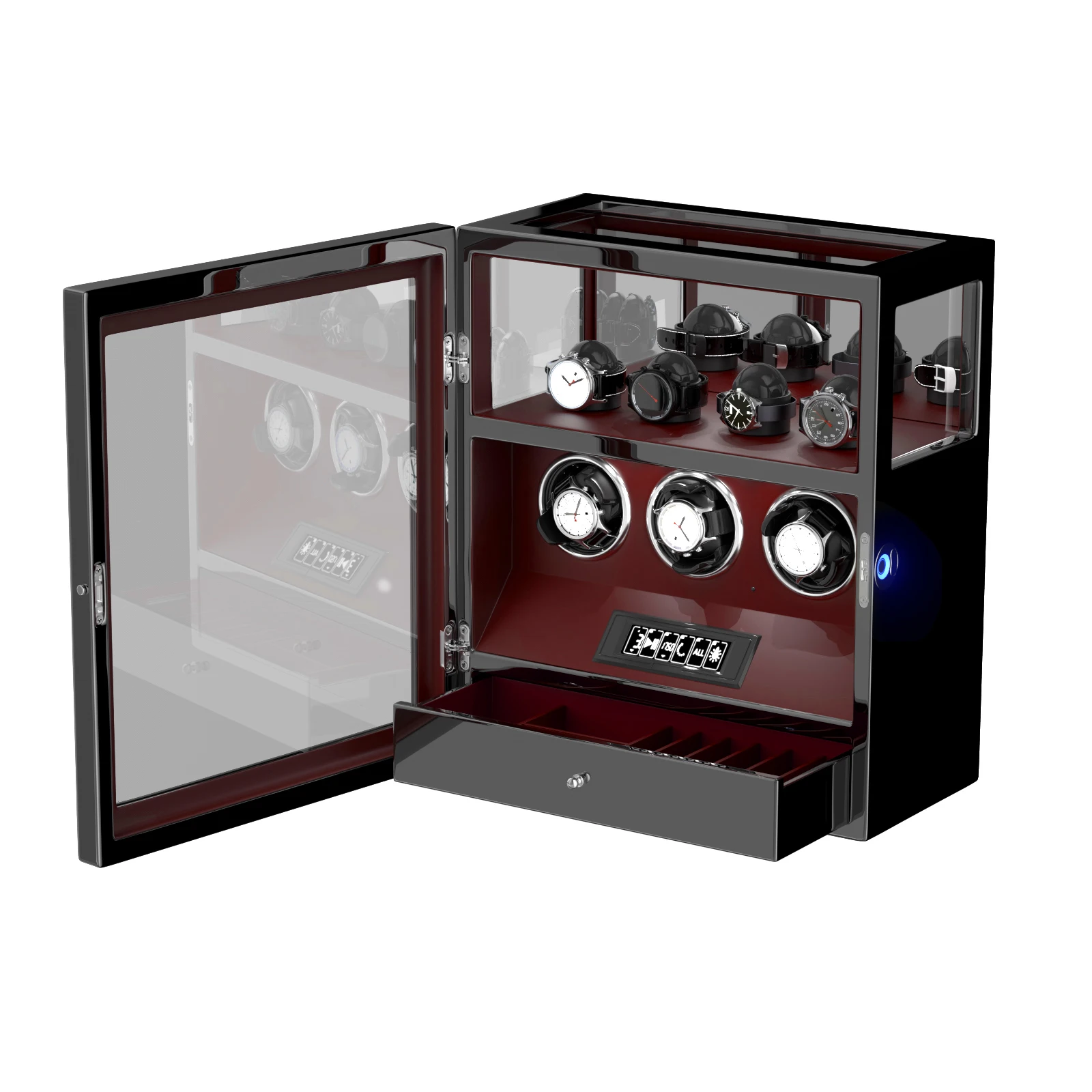 Sdeb2758d6ab64e1fb23be90d623a94134 Fingerprint Unlock Automatic Watch Winder 3 Slots Display and Jewelry Storage Drawer Remote Control Watch Safe Box