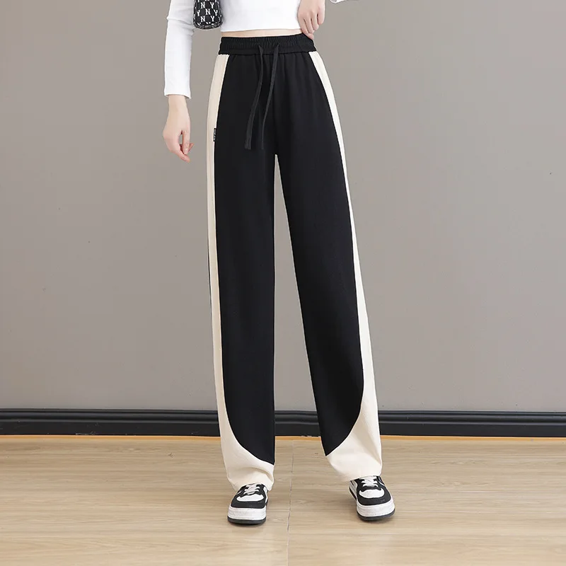 

Patchwork Wide Leg Pants Women Fall Winter Casual Loose Drawstring Straight Trousers 2 Colours 2023 New