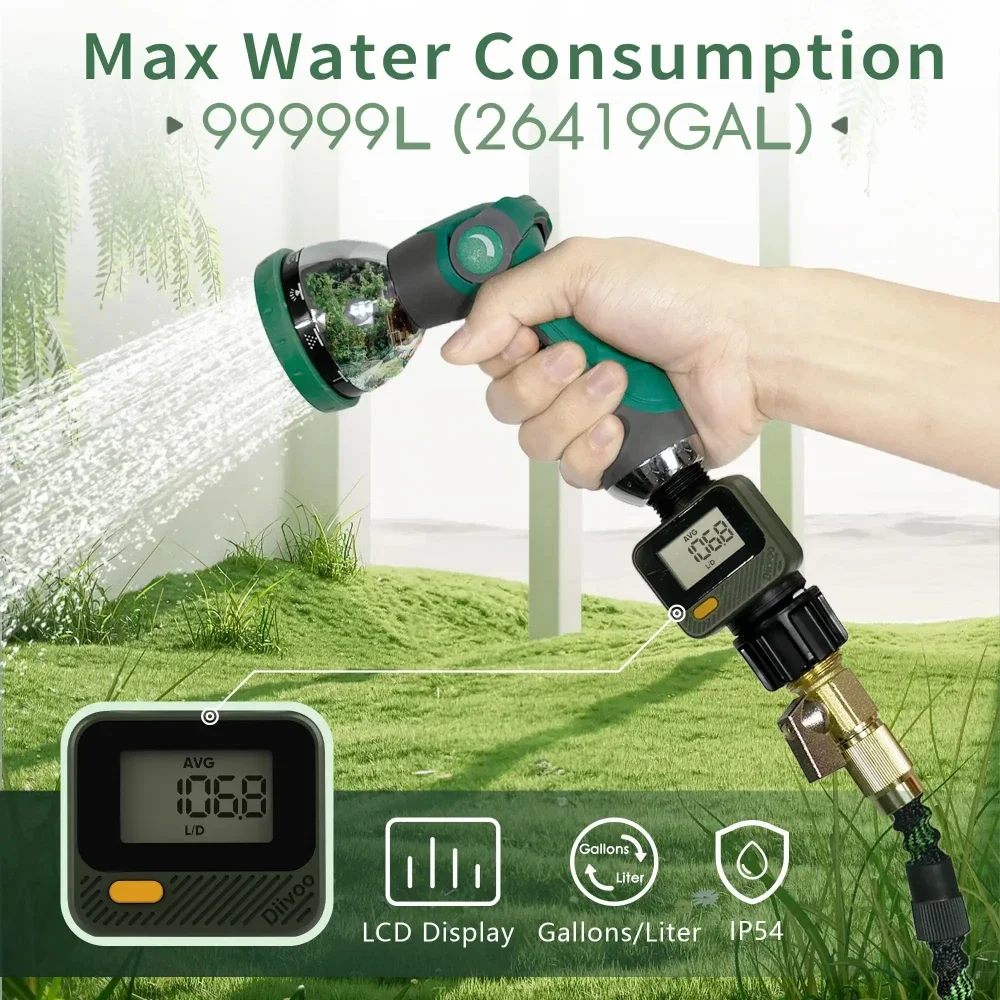 Diivoo Digital Water Flow Meter IP54 Highly Accurate Measurement of Water Consumption for Outdoor Garden Watering Tanks
