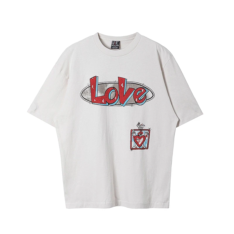 

Saint Michael Washed Distressed Loose Fitting Half Shirt Short Sleeved T-shirt Retro Oversized Short Sleeved T-shirt