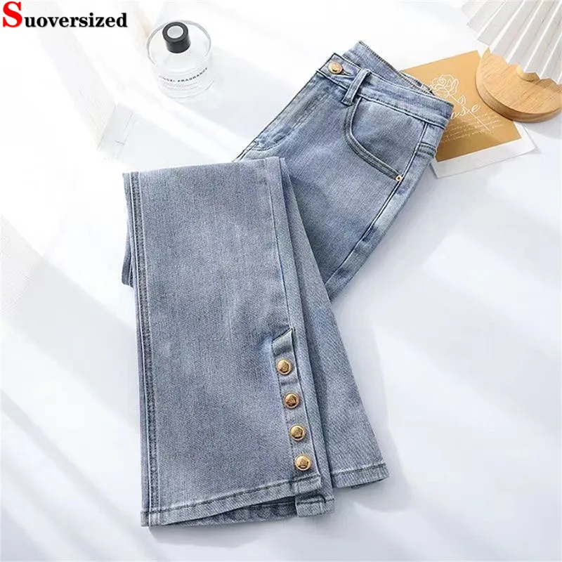 

Button Slipt Flare Ankle-length Jeans Skinny High Waist Casual Boot Cut Vaqueros Korea Elegant New Streetwear Women Denim Pants