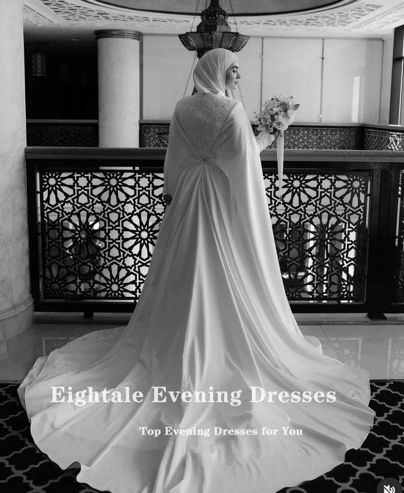 Eightale Muslim Wedding Dress High Neck Satin Customized Beaded Sashes Arabic Bridal Gown Long Sleeves Vestido De Noiva 5