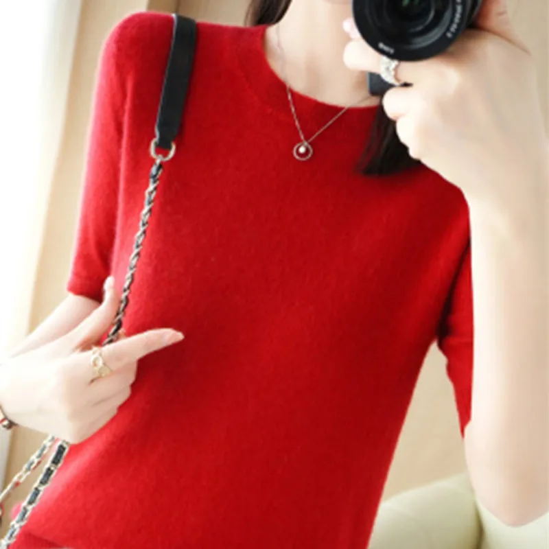 ตัวเลือกสินค้า ฤดูใบไม้ผลิและฤดูร้อนใหม่แขนสั้นผู้หญิง O-คอ Slim Wool Cotton Blend เสื้อกั๊กเสื้อยืดถักเสื้อกันหนาว