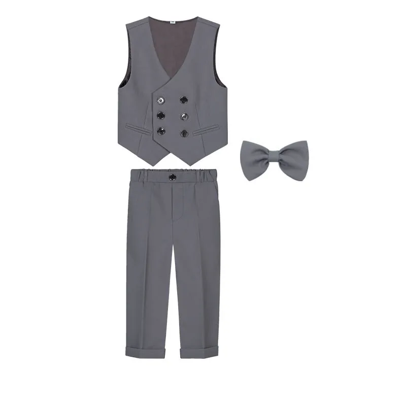 Completo Bambino Per Matrimonio – Gilet, Camicia, Pantaloni, Papillon E Spilla – Taglie 6-14 Anni - 3
