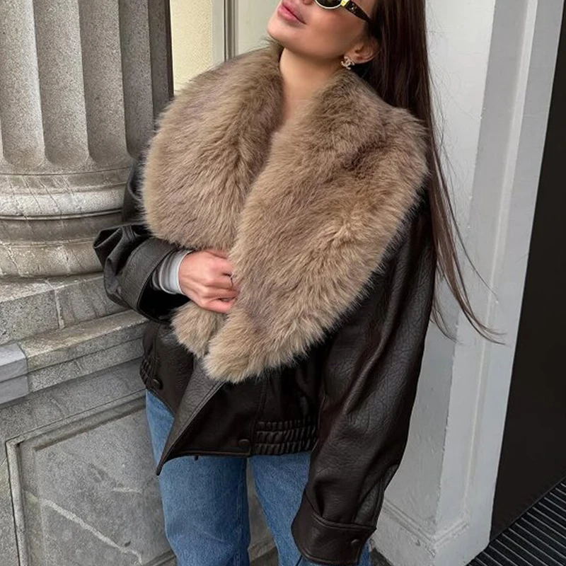 Women Winter Loose Thicken Faux Leather Jacket Fashion Removed Big Fur Collar Causal Coat High Street Double Breasted Outwear