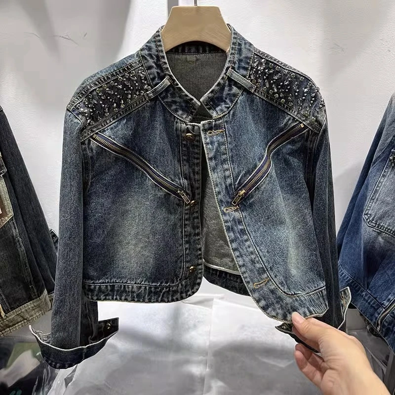 

New Fashion Street Jean Jackets For Women 2024 Designer Stylish Denim Coat Women's Diamonds Beaded Zipper Patchwork Short Jacket