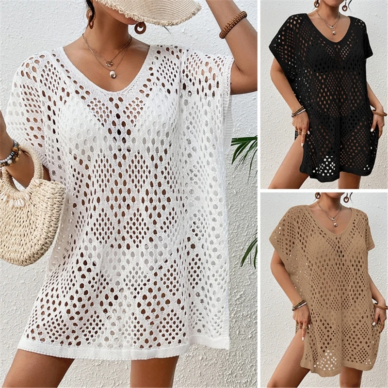 

Women Sexy V Neck Short Sleeve Swimwear Crochet Beach Bikinis Swimsuit Cover Up