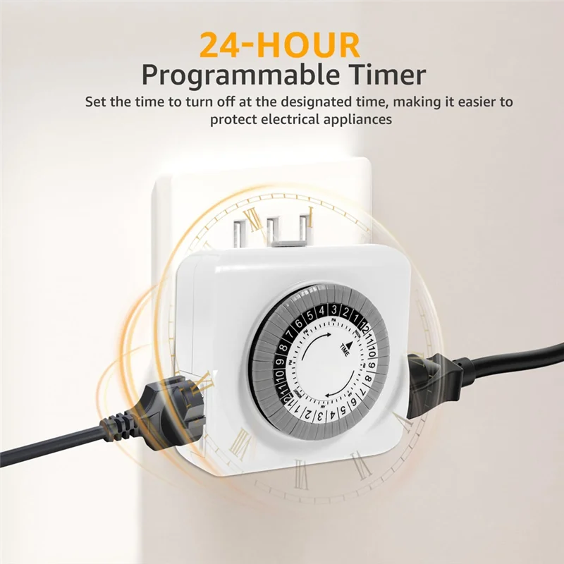 B84B-Indoor Mechanical Outlet Timer, 3Prong Timer For Electrical Outlets Indoor With 2 Outlets, 24 Hour US Plug Light Timer