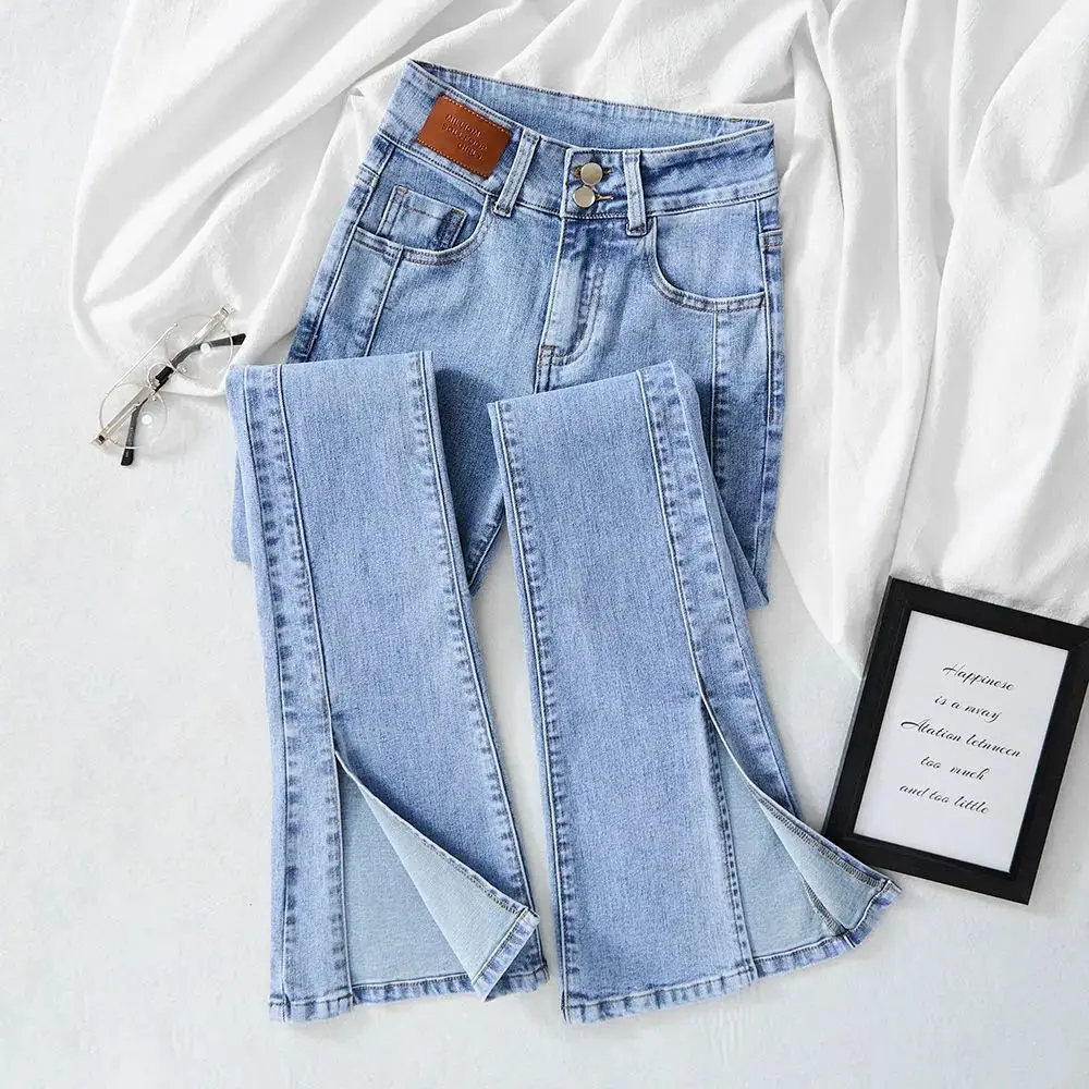 

Streetwear Elastic Denim Flare Pants Women High Waist Vintage Split Jeans Korean Bell Bottom Jeans Spring Fall Full-Length Pants