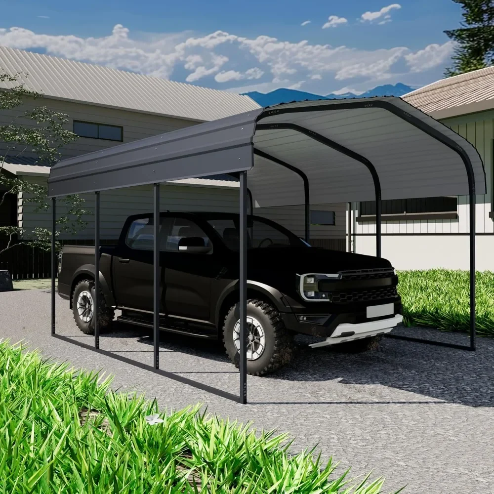 10 &times; 15 FT heavy-duty carport kit, metal garage carport roof with galvanized steel roof and frame, charcoal black
