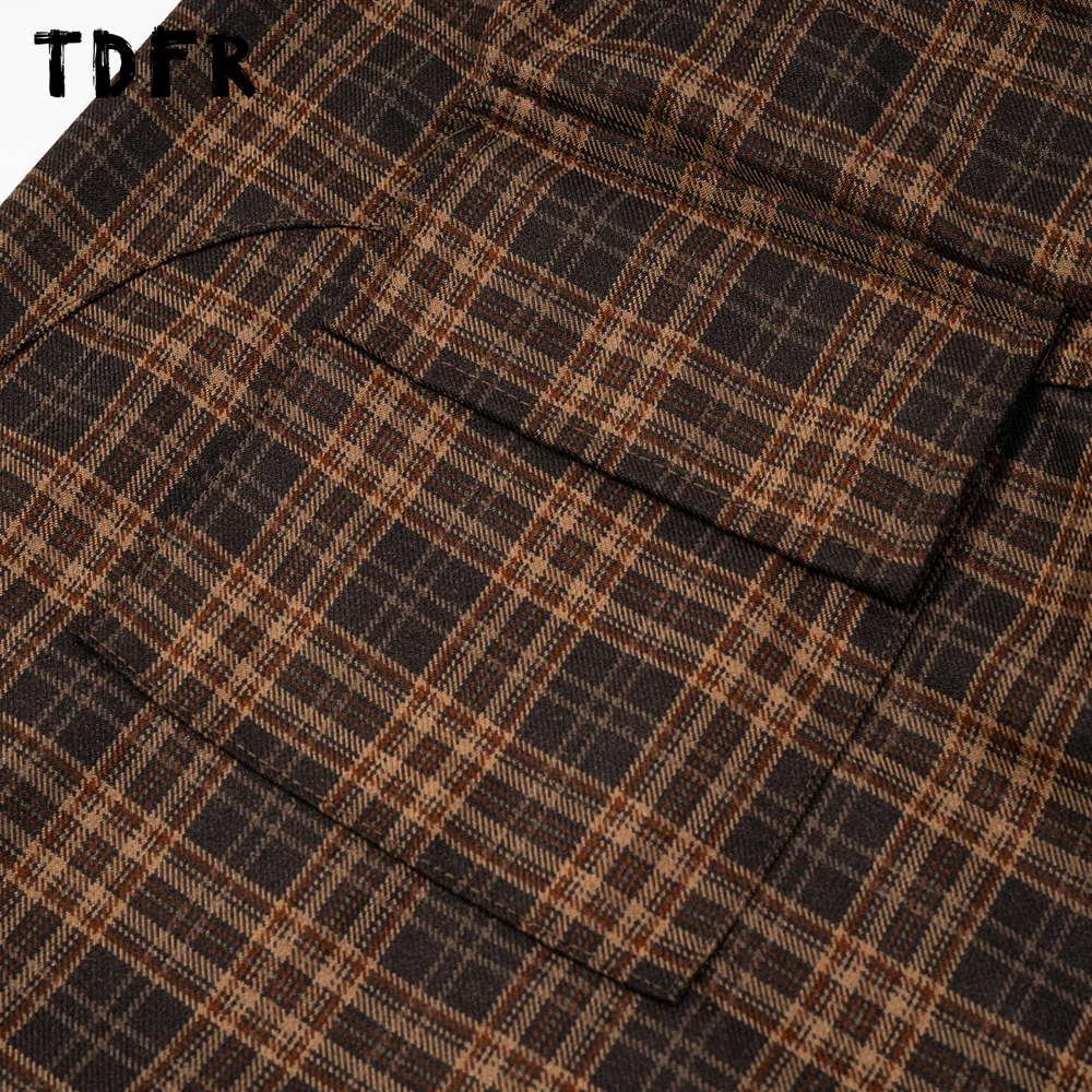 Plaid Casual Pants Mens Pocket Retro Streetwear Elastic Waist Loose Straight Wide leg Trousers Men