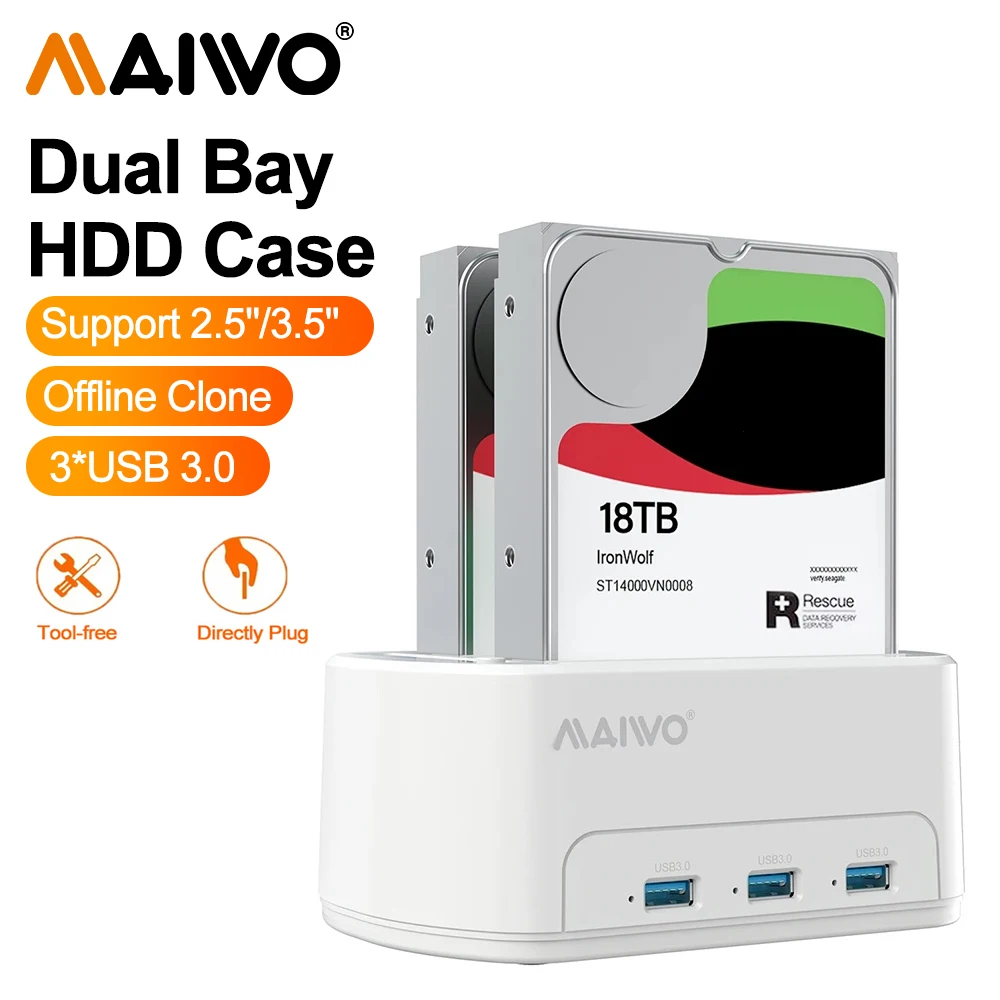 maiwo-デュアルベイハードドライブドッキングステーション、外部コンピューター、シリアルポート、機械式ssd、sata-to-usb-30、25-、35